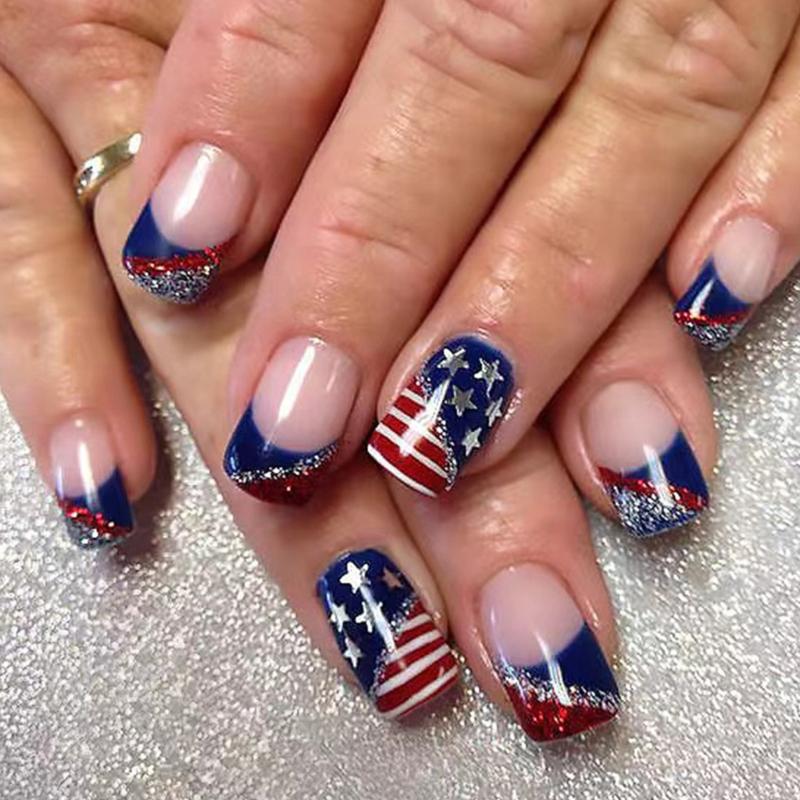 

Square False Nail French Tip Press on Nail Full Cover Fake Nail Independence Day Glues on Nail Patriotic False Nail 1