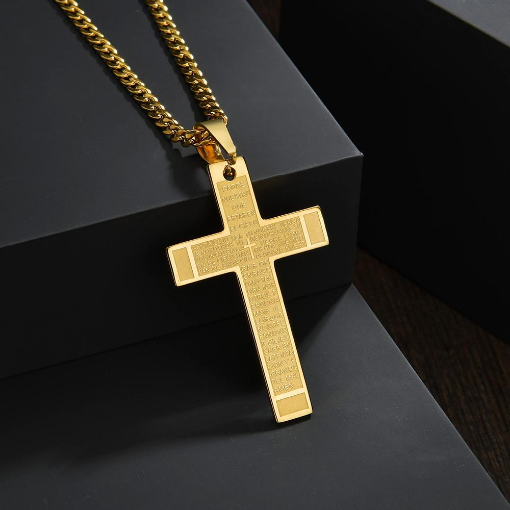 Bibel Kreuz Halskette Goldfarbe Edelstahl Anhänger & Kette für Herren Geschenk Christlicher Schmuck 60cm Kettenlänge