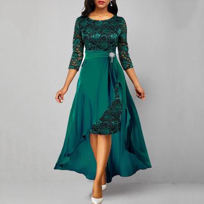 2 Pcs/Set Women Prom Dress Skirt Set Hollow Out Lace Ruffle Hem High Waist Round Neck Three Quarter Sleeve Ankle Length Banquet Maxi Dress