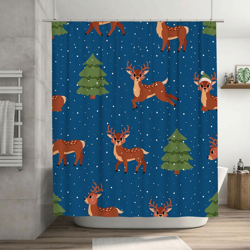Christmas Tree Deer Print Shower Curtain Waterproof Bathroom Decor Blue Green Red Colorful Christmas Festive Christmas Decoratio