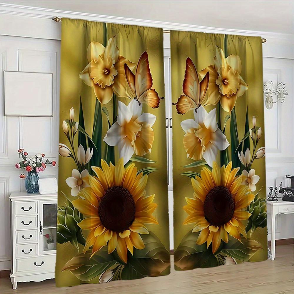

2Pc Floral Butterfly Print Sheer Curtains - Washable Polyester Drapes For Living Room, Bedroom & Office Decor 53cmX116cmX2pcs&Rod Pocket
