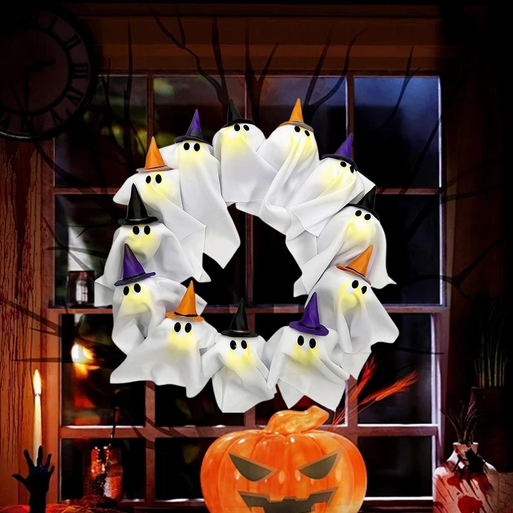 Ghost Wreath 12-LED Ghost Halloween Front Door Decoration Cute Scary Decor Home Party Decoration for Balcony Wall Lawn Patio