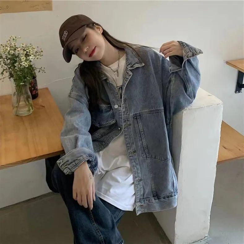Women's Oversized Retro Denim Jacket - Hip-Covering, Trendy Hong Kong Style for Spring & Autumn