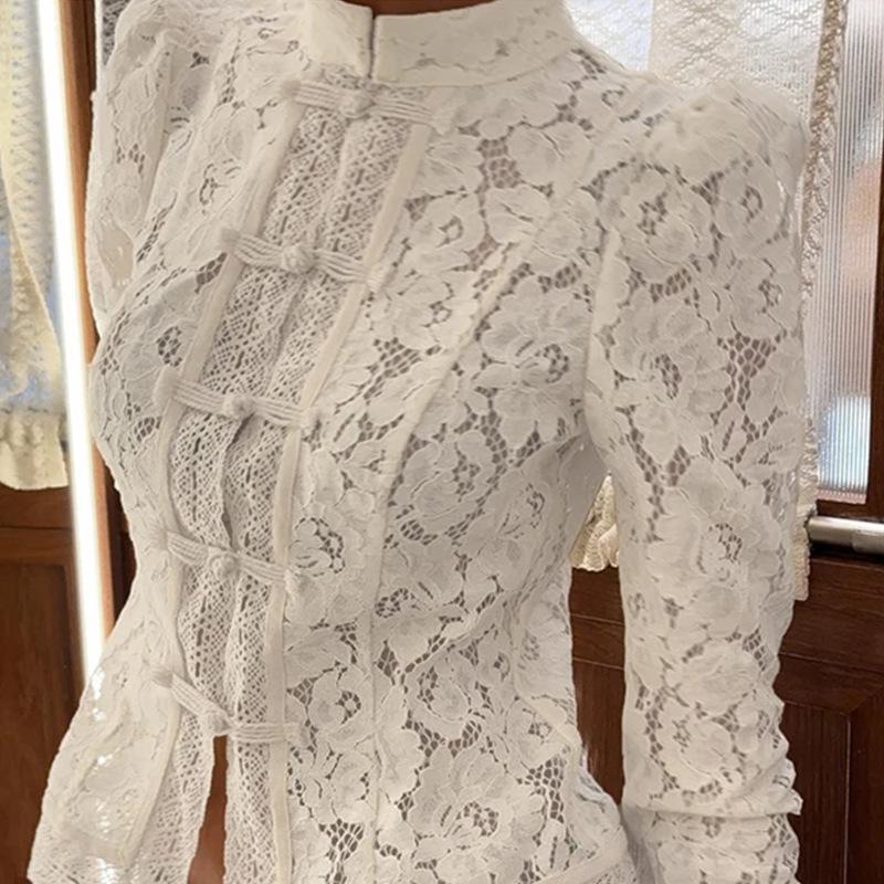 Europäischer & Amerikanischer Stil Froschknopf Spitzenshirt - Stehkragen, Taillenformend, Vielseitiges & Atmungsaktives Oberteil, 2025.