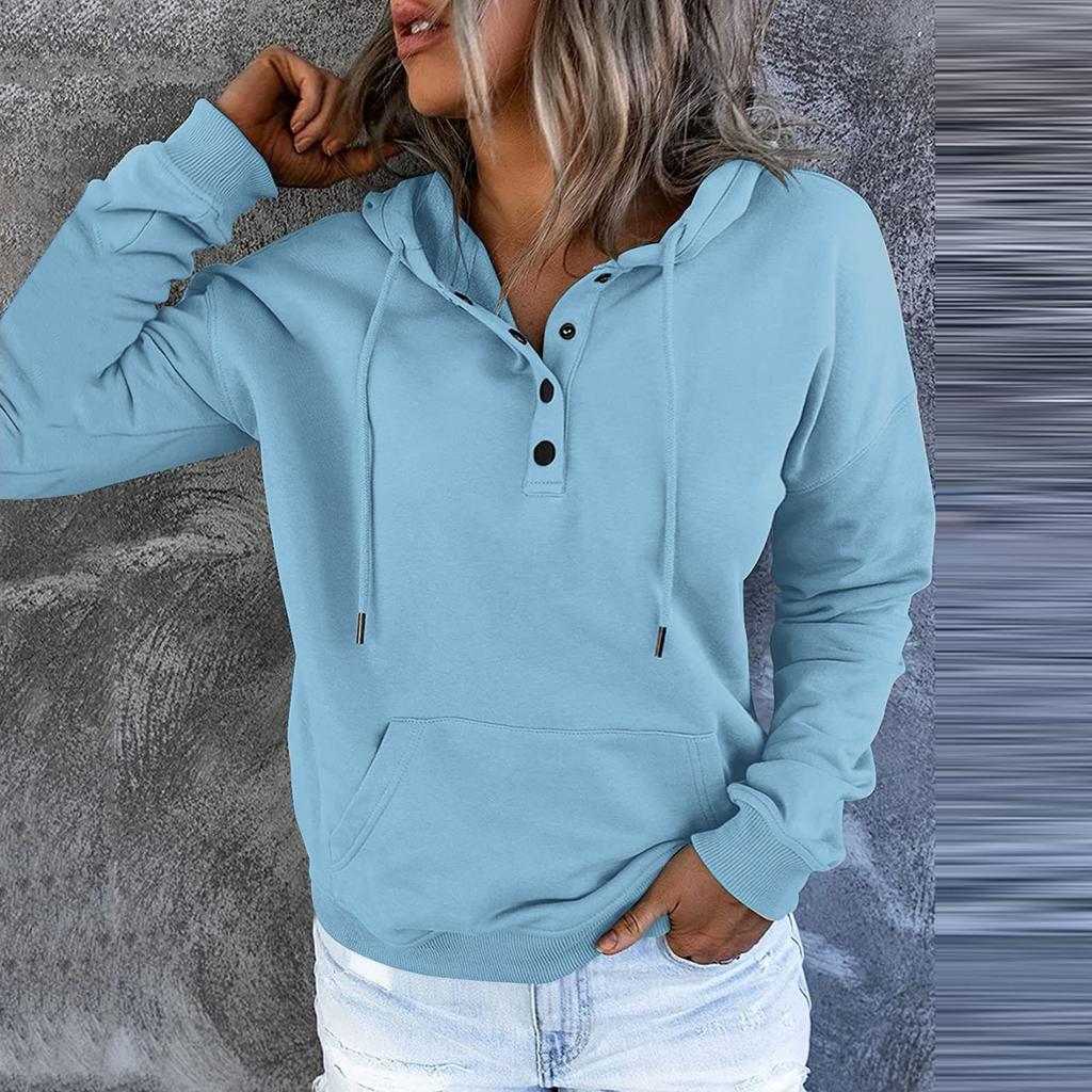 Damen Pullover Hoodies Tops Lässige Button-Down-Sweatshirts mit langen Ärmeln und Taschen