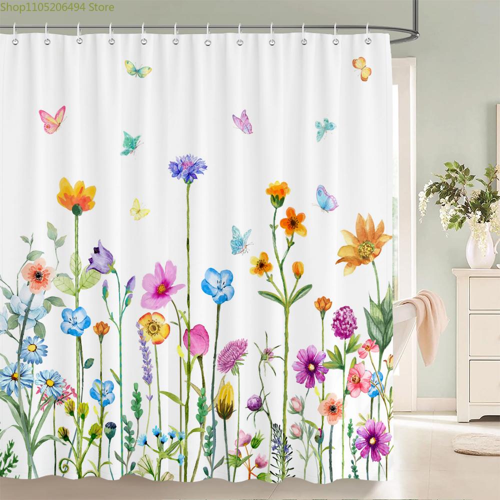 Chinese-style Printed Shower Curtain Waterproof Fabric Bathroom Plum Bossom Flowers Birds Plants Bathtub Screen Home Decorate
