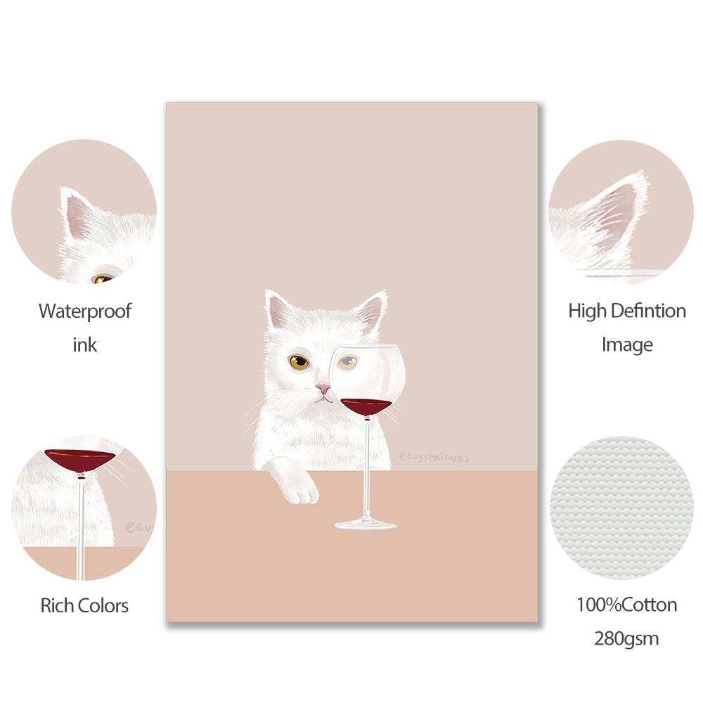 Funny Cat Poster White Cats Taste Red Wine Canvas Painting Cat Lover Gifts Kitchen Wall Art Pictures for Living Room Home Decor