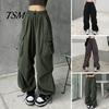 Trousers Women Cargo Pants Hip Hop Baggy Solid Color Multi Pockets Elastic Waist Match Top Loose Breathable Lady Clothes