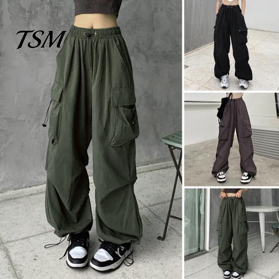 Trousers Women Cargo Pants Hip Hop Baggy Solid Color Multi Pockets Elastic Waist Match Top Loose Breathable Lady Clothes