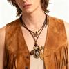 Western Styles Long Chain Necklace Artisanal Crafted Wax Cord Alloy Pendant Wooden Bead Accents Retro Fashion Accessory