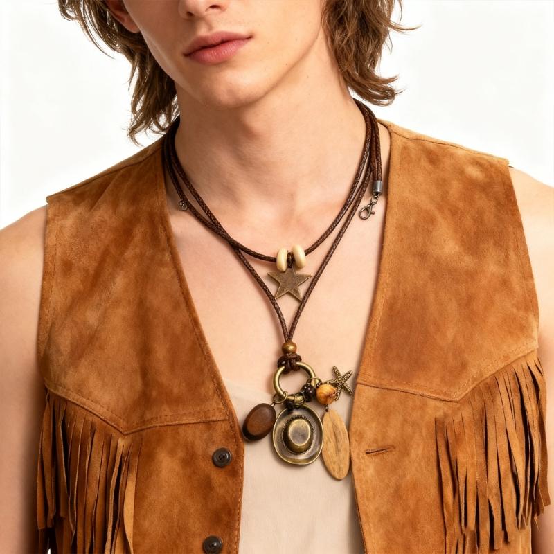 Western Styles Long Chain Necklace Artisanal Crafted Wax Cord Alloy Pendant Wooden Bead Accents Retro Fashion Accessory