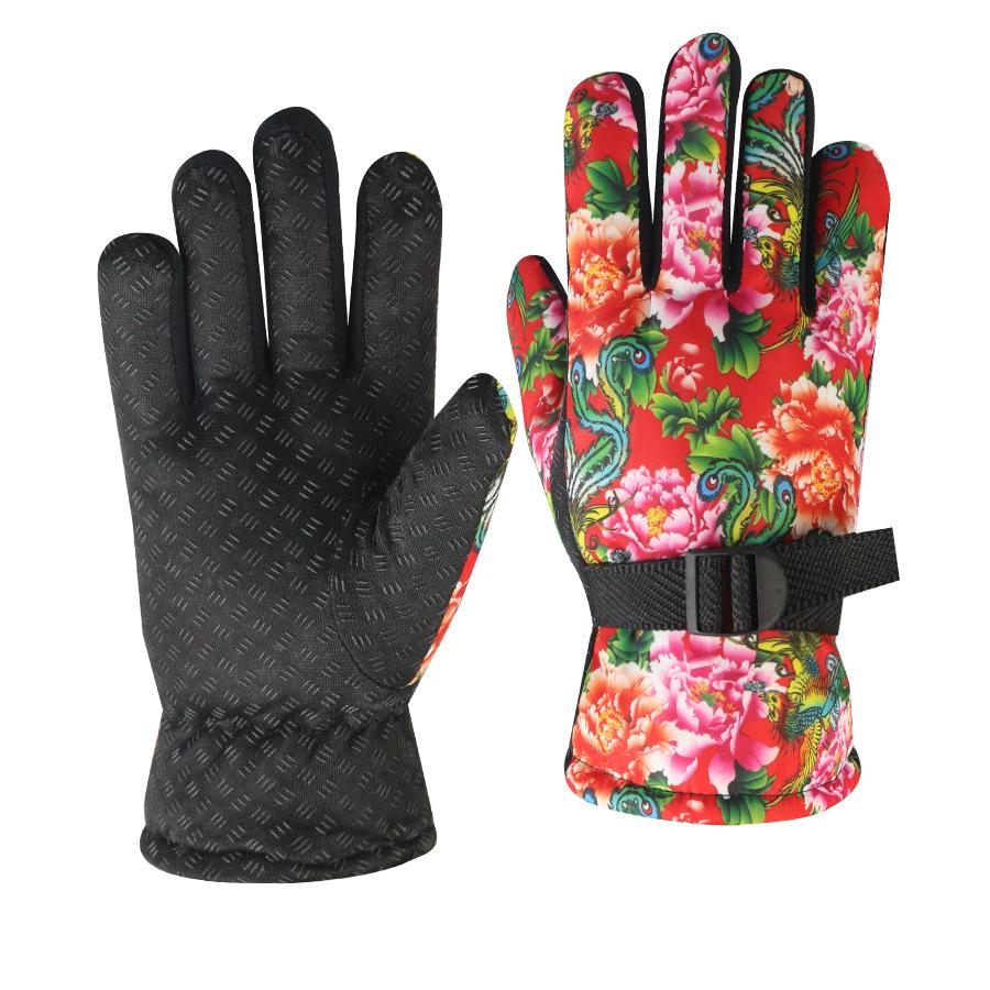 Ski gloves Northeast big flower couple winter warm and fleece waterproof winter outdoor electric vehicle riding gloves
