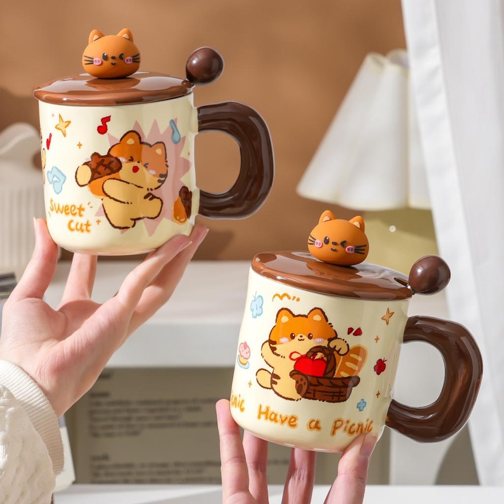 Cute cartoon cute pet bread cat mug high value office water cup with lid household milk breakfast cup