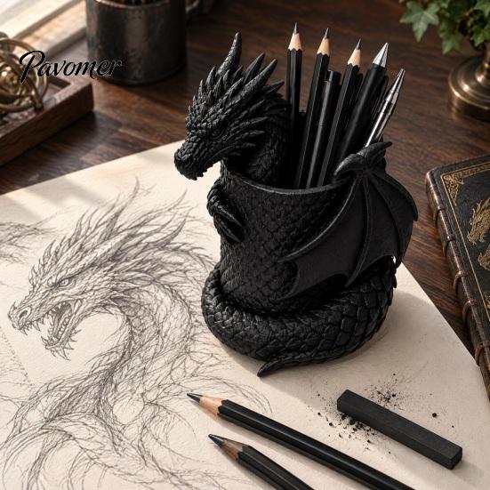 Decorative Pen Pot 3D Printed Gothic Dragon Holder, Coiled Figurine Stationery Cup, Cool Office Supplies Fantasy Desk Organizer, Halloween Tabletop