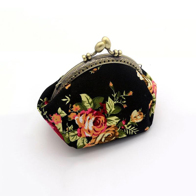 Women's vintage rose print canvas coin purse, kiss lock clip fabric purse card bag storage bag