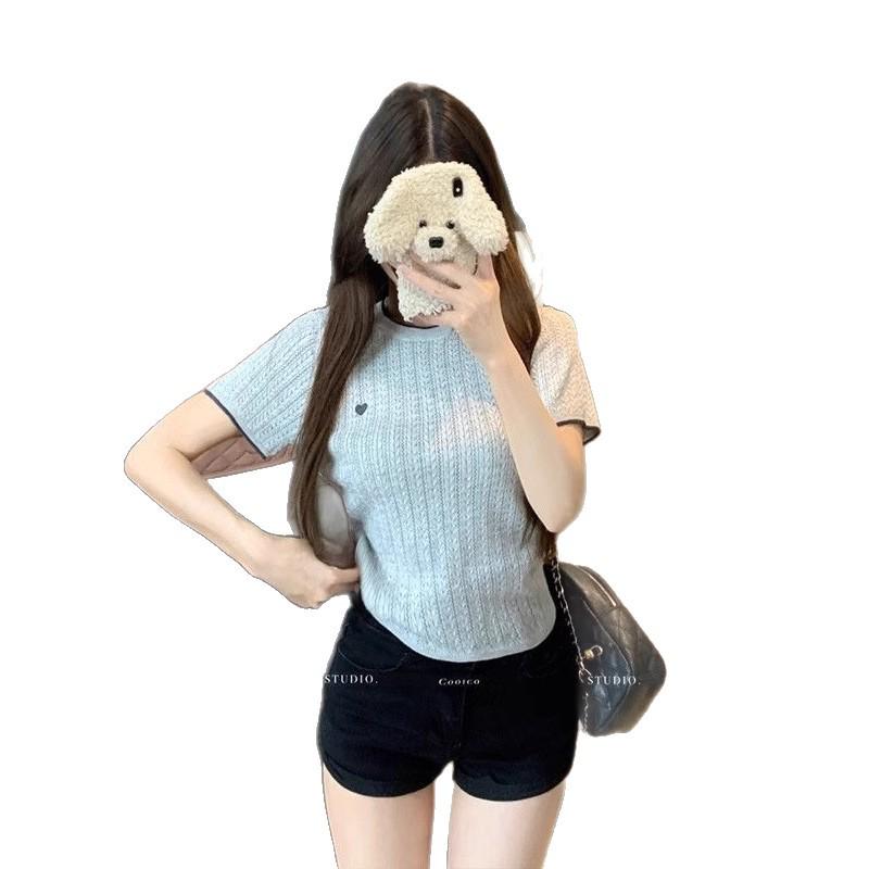 Chic Summer Heart Design Ice Silk Knitted T-shirt - Women's Short Sleeve Color Block Top