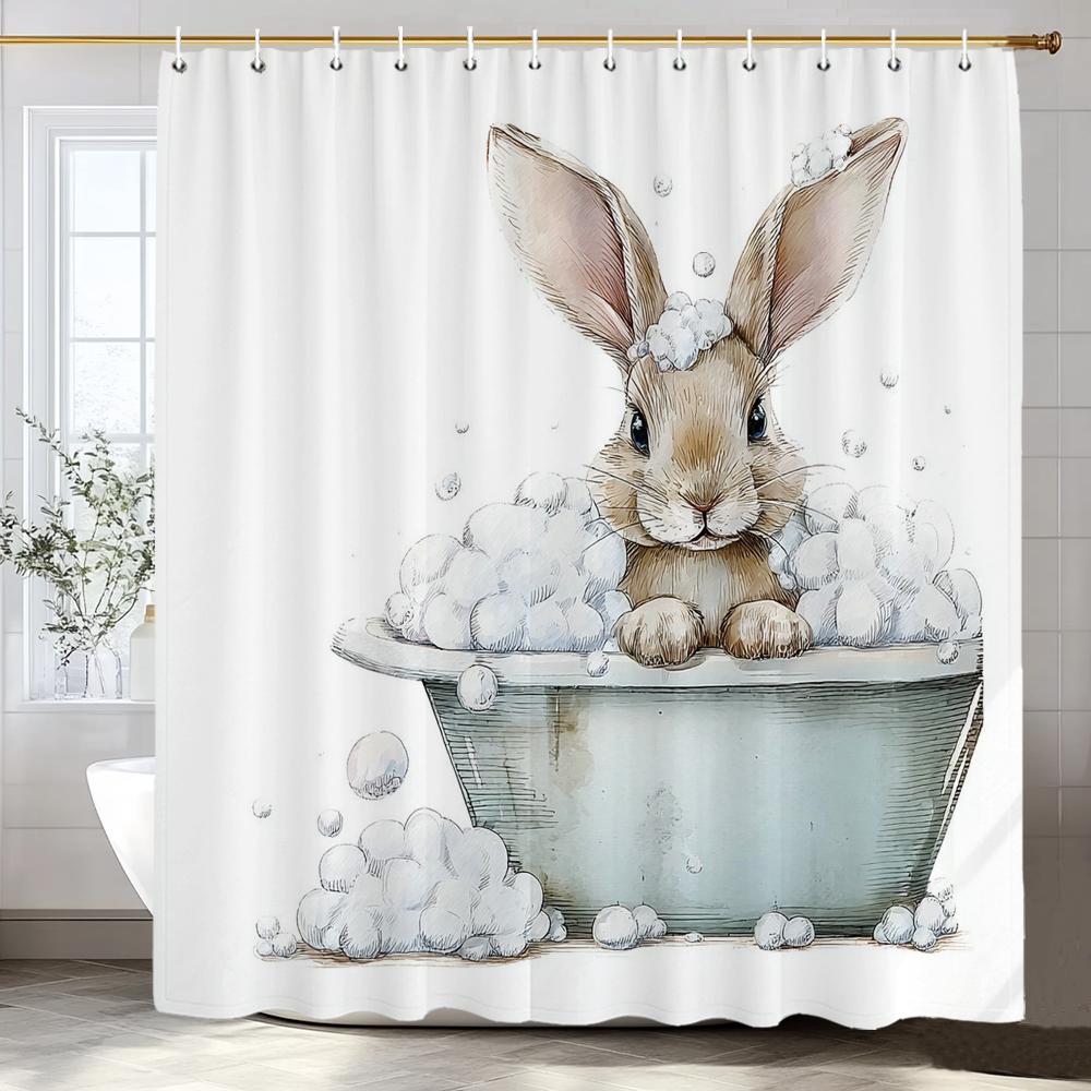 1pc Cartoon Cute Rabbit Bathing in Bathtub Print Waterproof Shower Partition Privacy Hanging Curtain with Hooks Machine Washable
