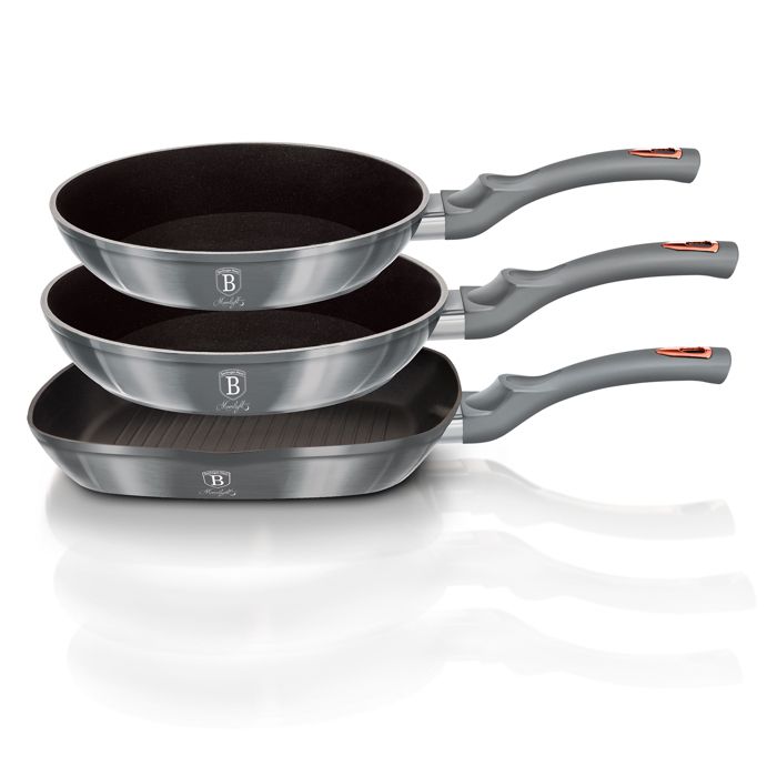 Set De 2 Poêles À Frire 1 Grill Induction 20-24-28cm Aluminium, Antiadhésif Berlinger Haus Moonlight Gris 16040