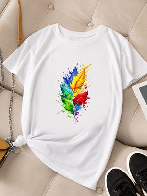 (Asian Size) Women Fashion Tee Top Feather Trend Cute Clothing T Shirt Woman Print Female Short Sleeve Graphic T-shirts