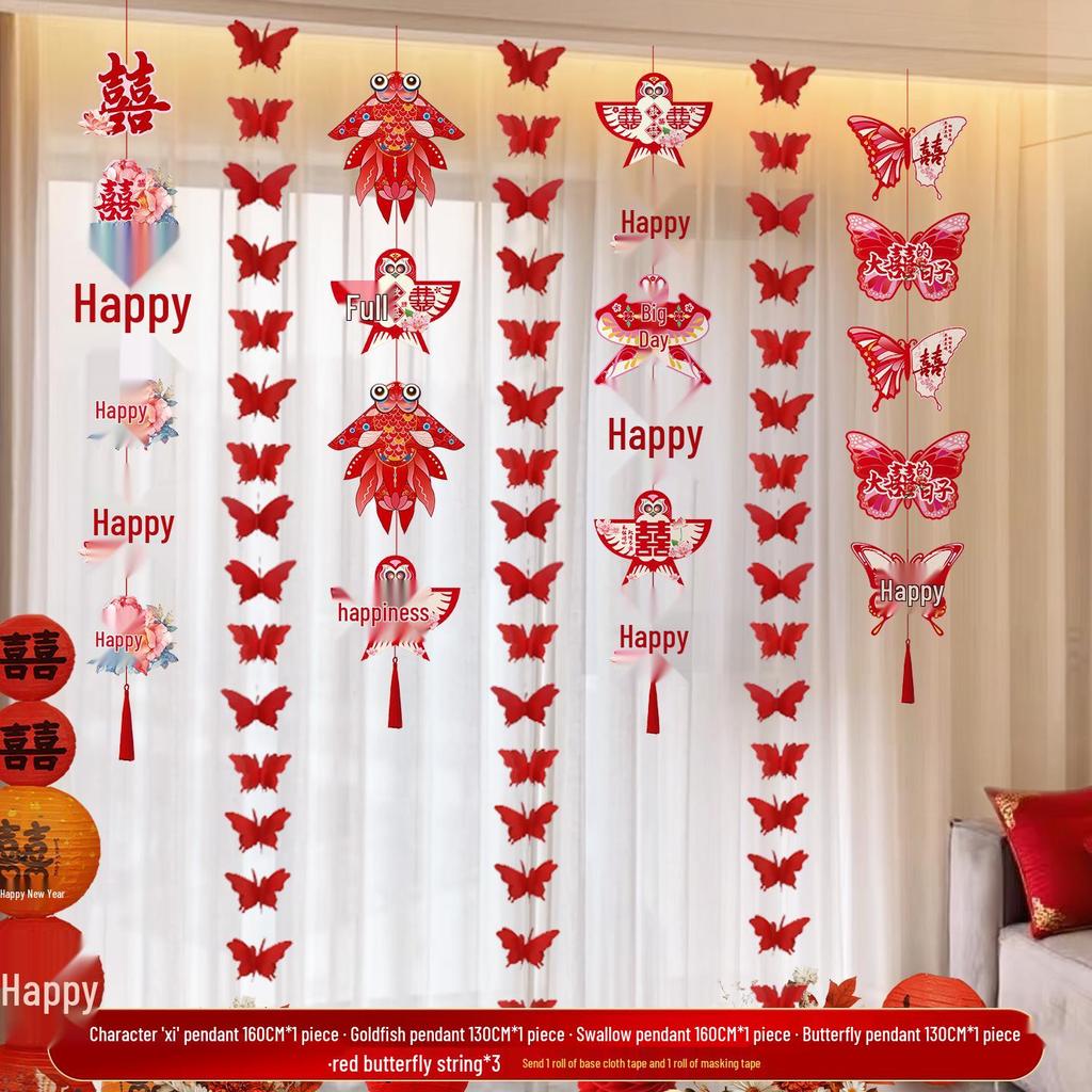 2025 Double Happiness Wedding Room Hanging Decor Set: Wall Decorations & Bride Living Room Flower Pulls