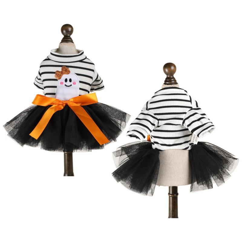 Halloween Pet Dress Small Dogs Cats Striped Ghost Orange Bow Tulle Skirt Costume