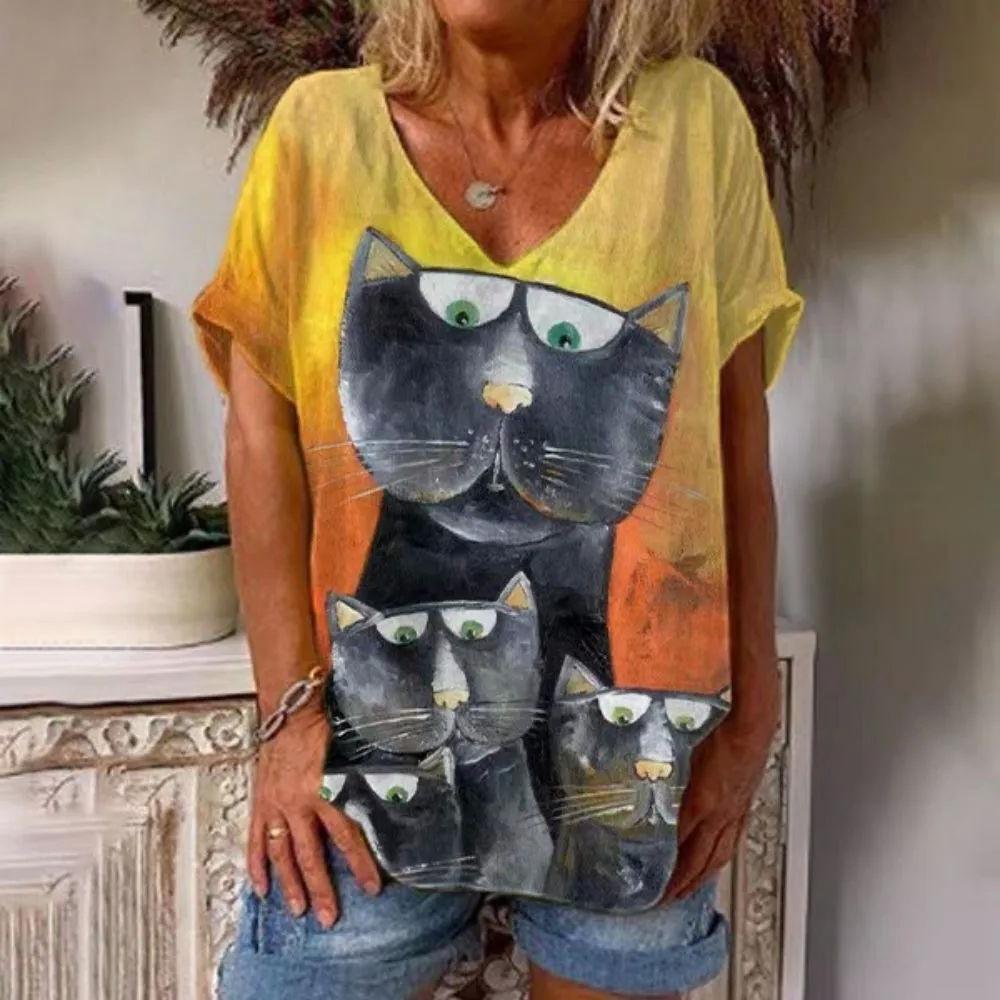 Summer V-neck 3D Cat Printed Top Fashionable Casual Short Sleeved Women's T-shirts
