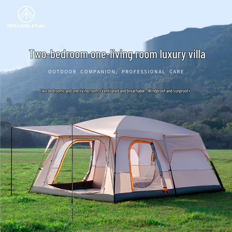 Large Double-Layer Stormproof Tent for 5-12 People - Two Rooms, Living Area, Foldable, Portable Outdoor Camping Equipment.