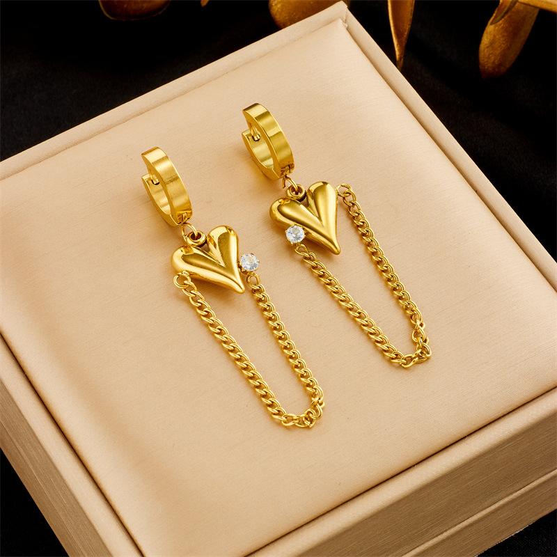 Gold Plated 3D Heart Chain Tassel Drop Earrings with Cubic Zirconia for Women Stainless Steel золотой