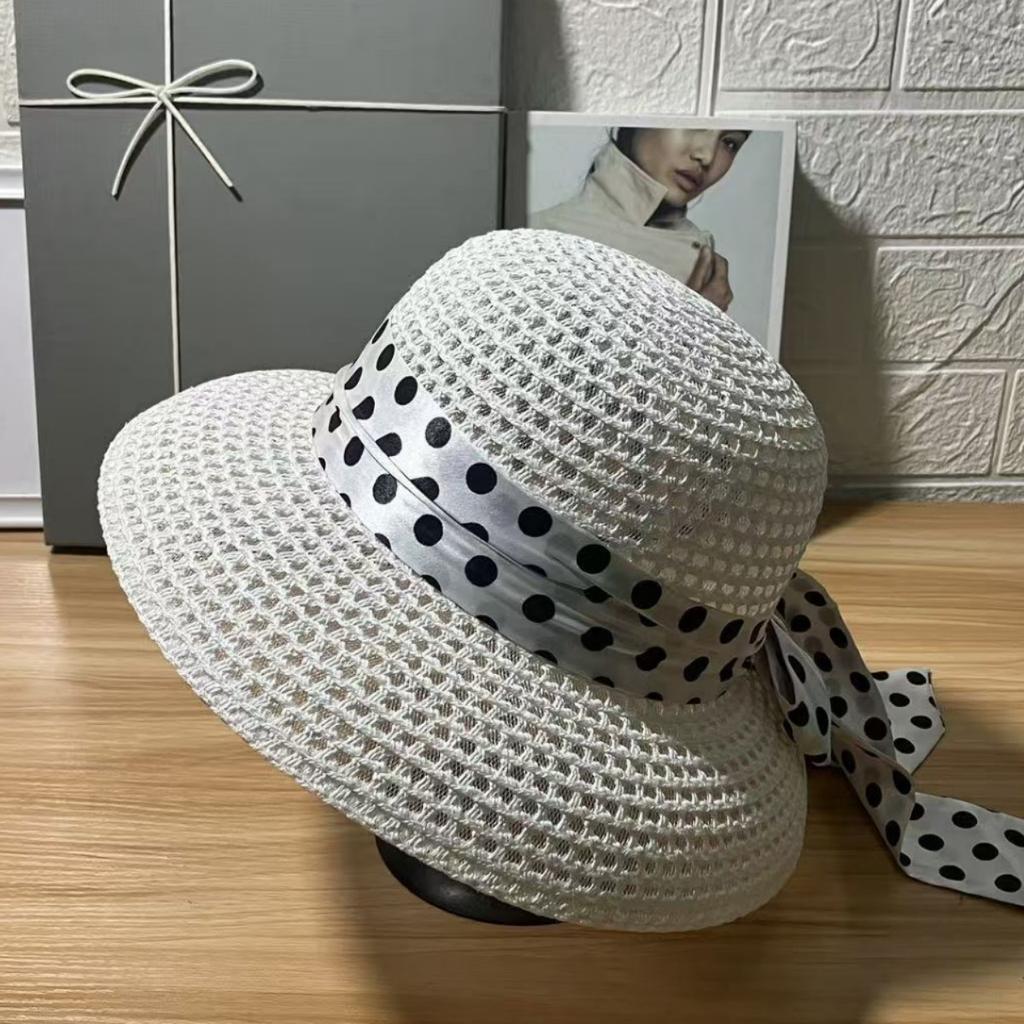 Elegant polka dot bow dome female Hepburn spring summer beach hat sunshade sunscreen straw sun hat