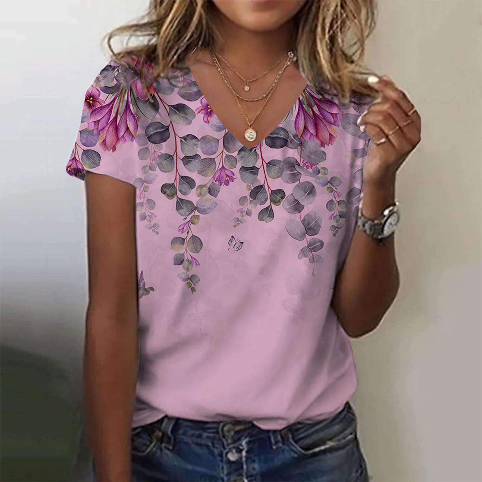 Женская модная повседневная блузка с v-образным вырезом и коротким рукавом с принтом — фото 8