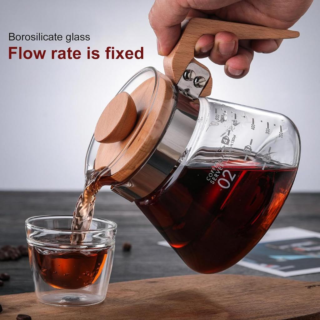Glass Carafe Coffee, High Borosilicate Glass Coffee Pot V-Shaped Outlet Heatproof Mug Wooden Measuring Cups Coffee Carafe (600ml)