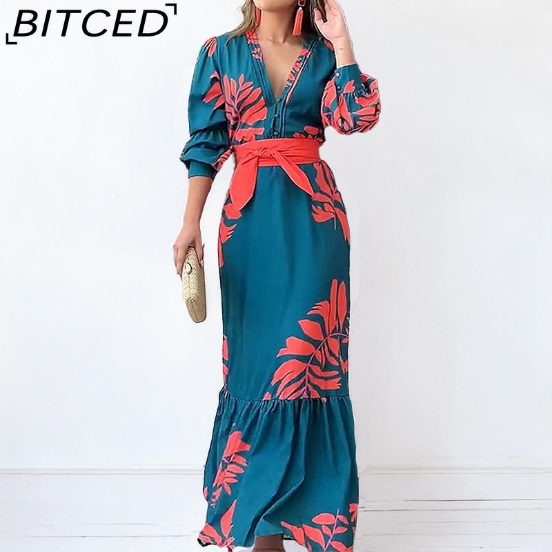 

BITCED Autumn Women s Fashion Button-Front V-Neck Elegant Print Waist-Tied Full-Skirted Dress XXXL синий