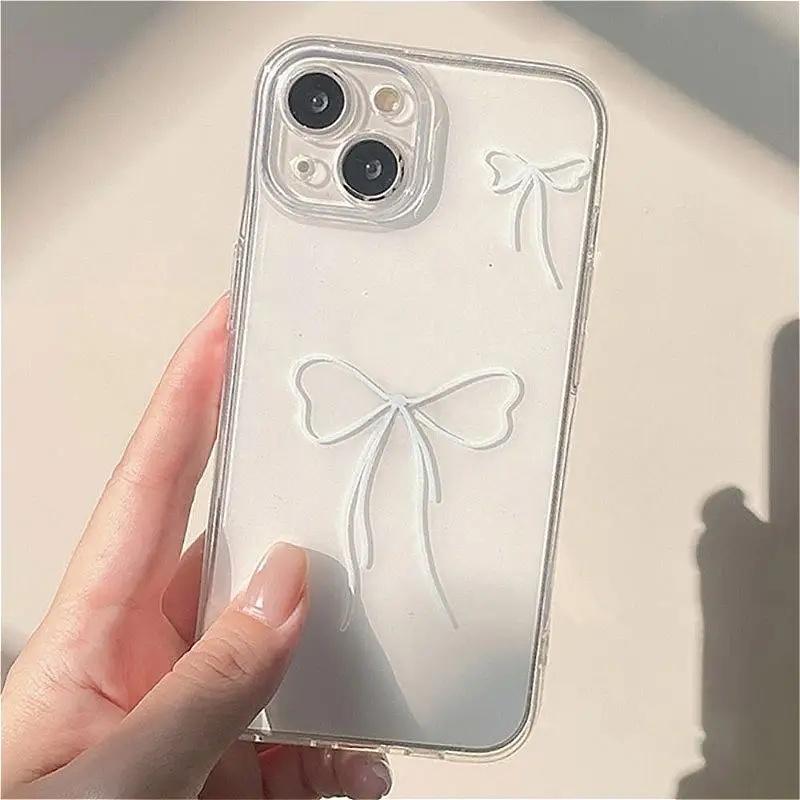 Cute Pink Heart Bow Case For iPhone 15 Pro Max 14 11 12 13 Mini XR XS 7 8 6 6S Plus SE Shockproof Soft Clear Phone Cases Coque
