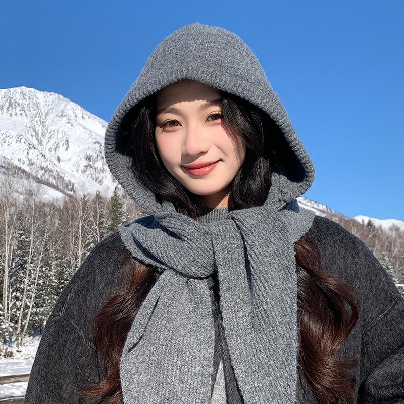 Red Balaclava Hat Women'S Wool Knitted Hat Thermal Ear Protection Windproof Shawl Hat Scarf Integrated