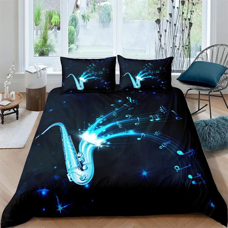 Saxophone Duvet Cover Set Rotating Musical Notes Bedding Set Musical Instrument Retro Jazz Music Theme Twin Quilt Cover For Kids