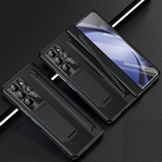 Phone Case for Samsung Z Fold 6 PC Shell with Pen Slot Spring Hinge Protection & Integrated Kickstand Full-Body Cover with Tempered Glass Screen Guard