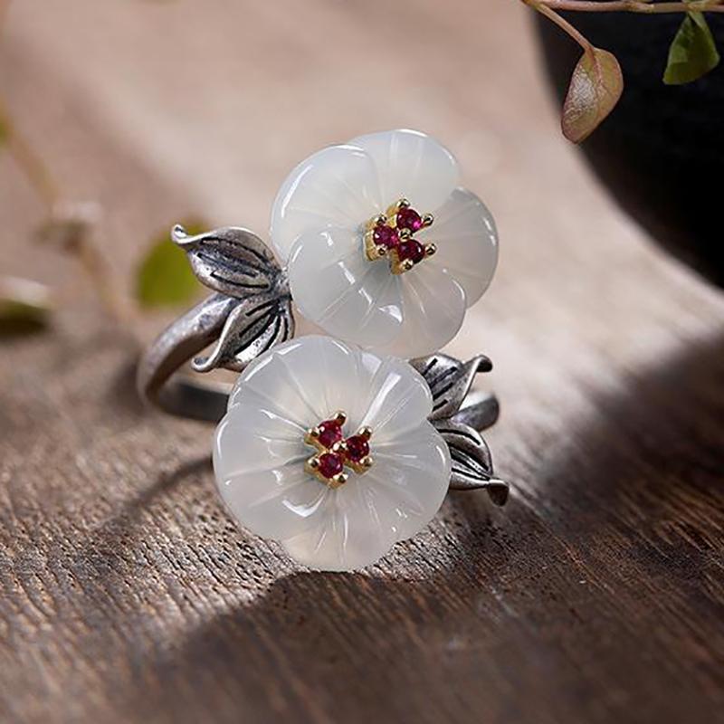 New   Natural Hetian Jade Lotus Handmade Female Model Atmospheric Retro Temperament Open Ring