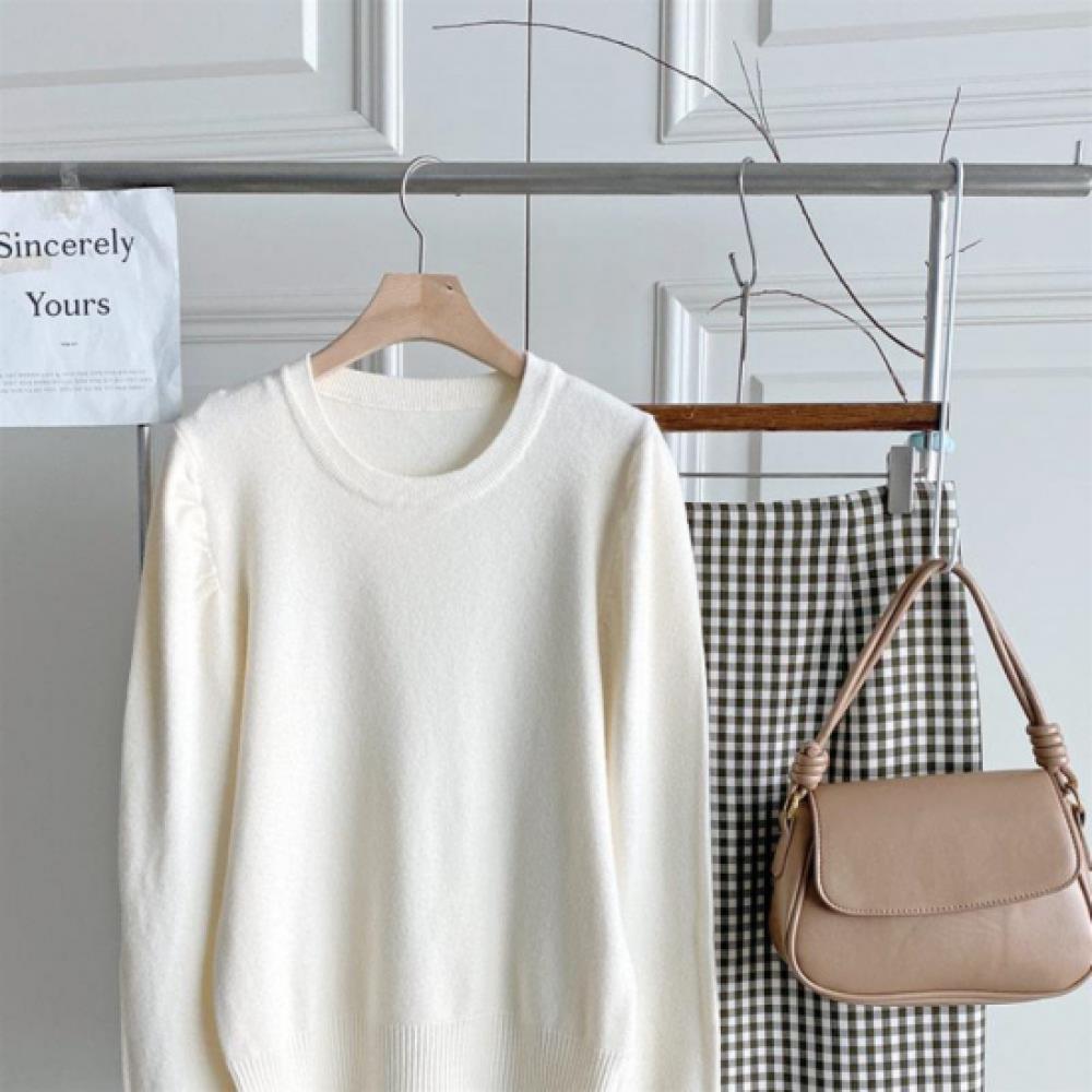 New Arrivals Open Run Women Loose Fit Round Neck Long Sleeve Knit Double Shirred