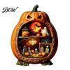 Halloween Cobweb Decorations Centerpiece Pumpkin, Wooden Pumpkin Ornament with Miniature Scenes, Rustic Detailed Scene Decor Skeleton for Farmhouse