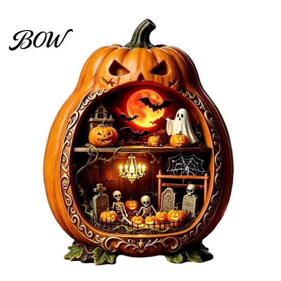 Halloween Cobweb Decorations Centerpiece Pumpkin, Wooden Pumpkin Ornament with Miniature Scenes, Rustic Detailed Scene Decor Skeleton for Farmhouse