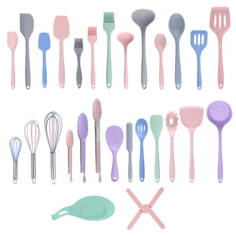 Silicone Kitchen Utensils Set: Ladle, Spatula, Scraper, Turner, Oil & Basting Brushes, Whisk, Tongs