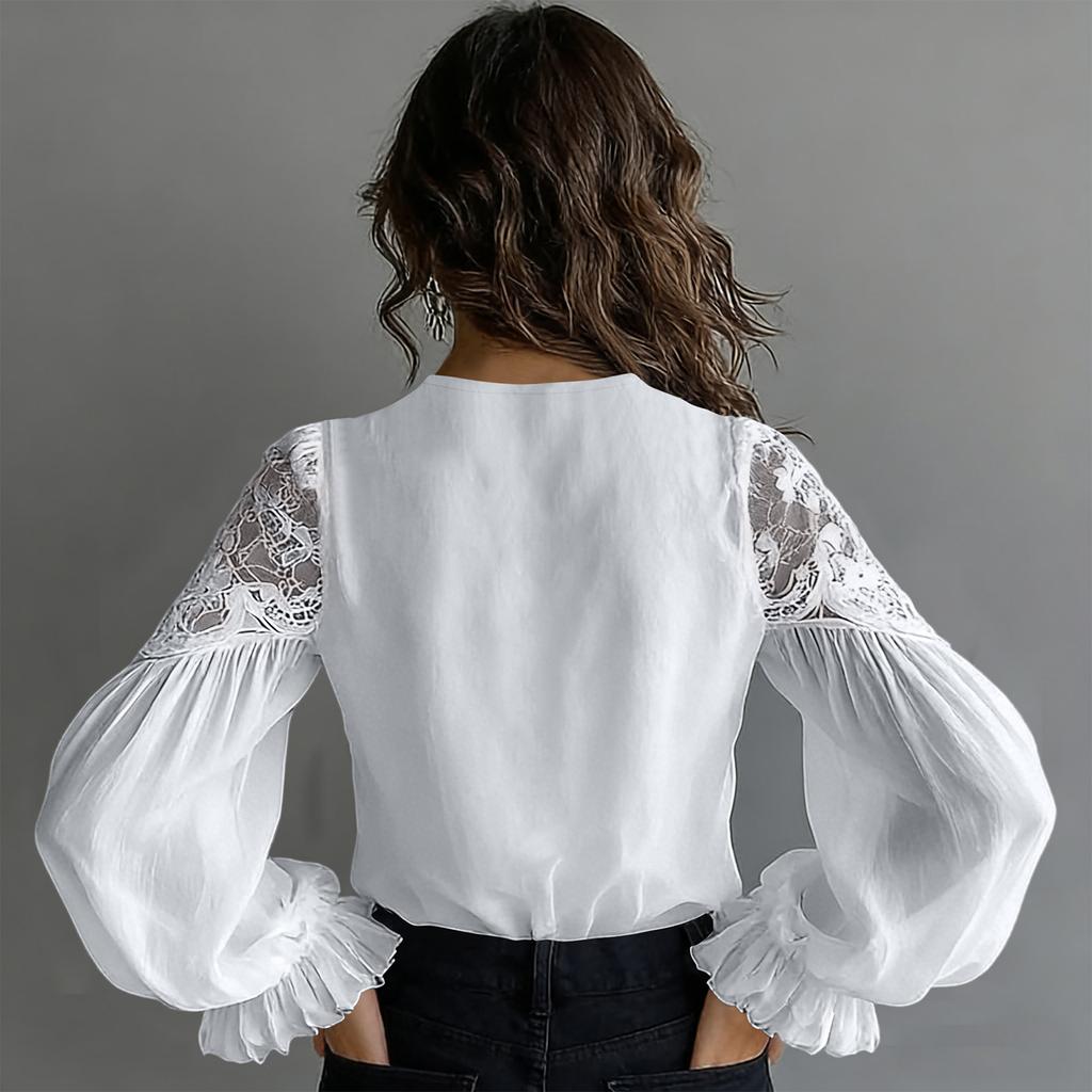 Ladies' Casual Lace Patchwork Bubble Sleeve Pleated Shirt Top