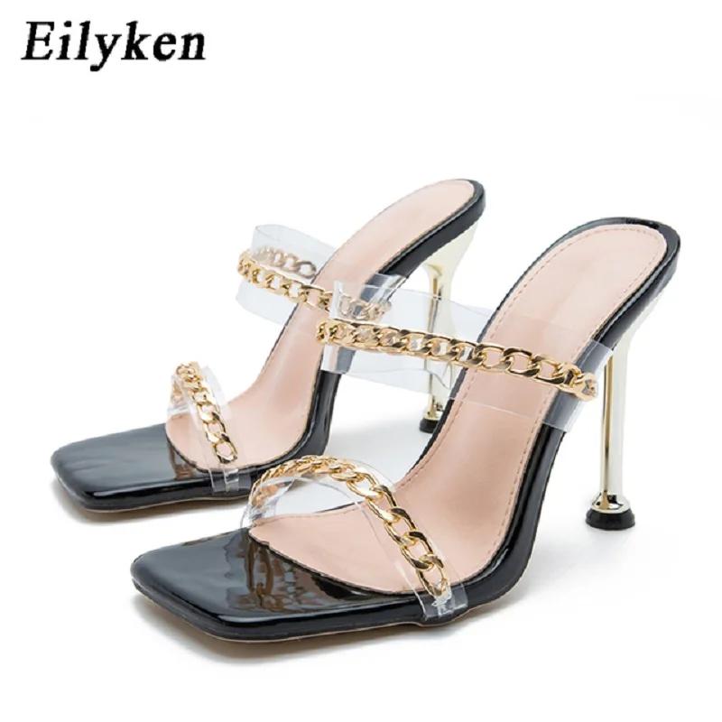 Fashion Eilyken Summer Pumps Fashion Chain Women Slippers Sandals Thin High Heels Slip On Square Toe Mules Slides Ladies Shoes