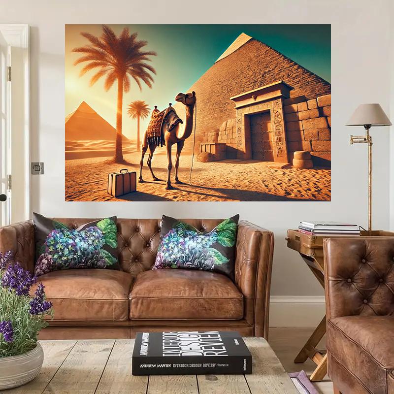 Ägyptische Pyramide Kamel Hintergrundbanner Altes Ägypten Wanddekoration mit Großer Pyramide von Gizeh Wüstenszene Kein Strom Ne