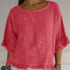 Summer Casual T-Shirt Round Neck Short Sleeved Cotton Linen Blouse Casual Solid Color Loose Pullover Clothes Fit Shirt for Women