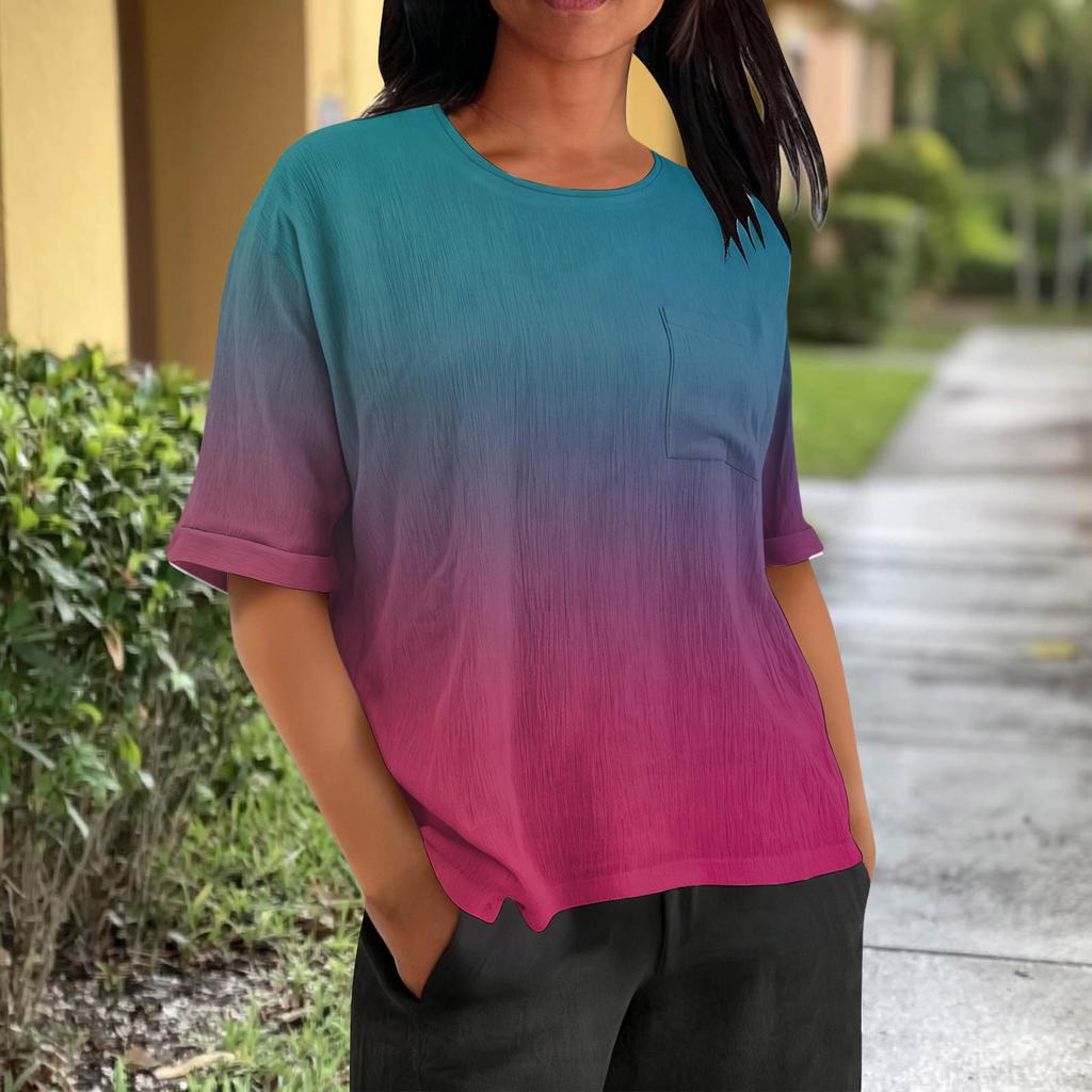 Fashionable Women's T-shirt Short Sleeved Casual Top With Pocket Gradient Print Round Neck Lightweight Shirt