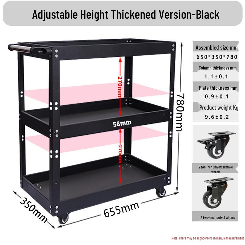 Adjustable 3-Tier Hand-Push Tool Cart for Auto Repair - Multi-Functional Mobile Workshop Storage.