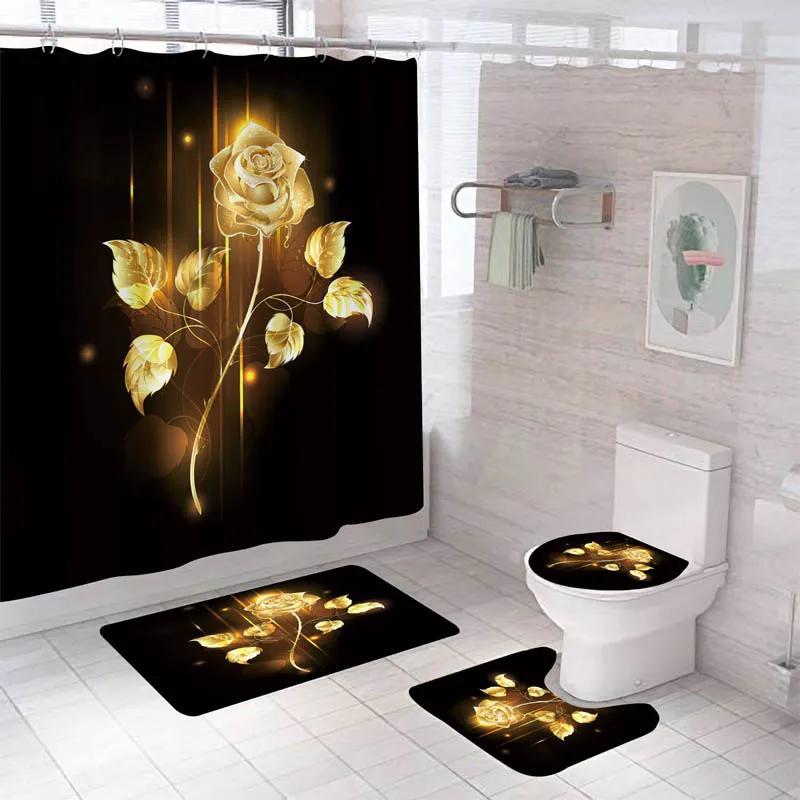 Rose Flower Shower Curtain Set Non-Slip Rugs Bath Mat Toilet Lid Cover And 12 Hooks Waterproof Polyester Bathroom Home Decor