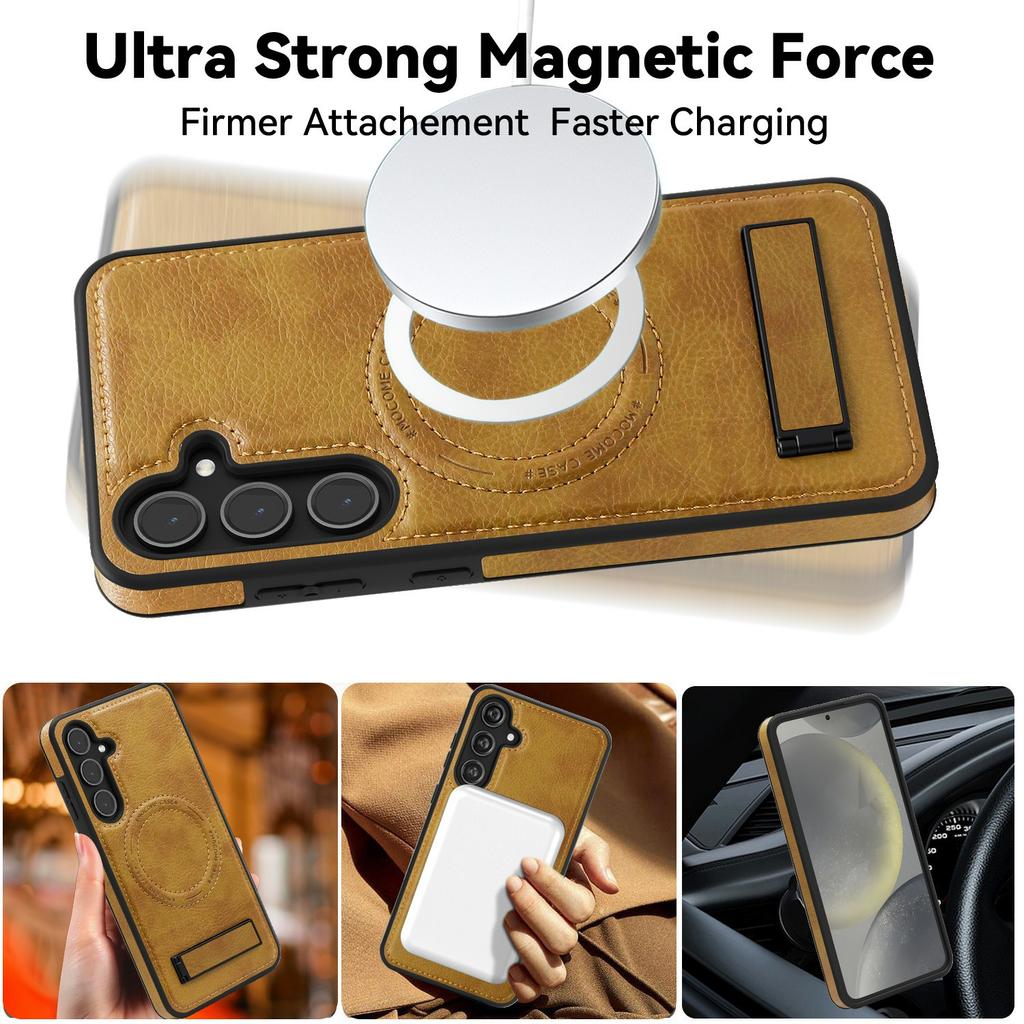 For Samsung Galaxy S25+ Case Compatible with MagSafe Kickstand Leather Phone Back Cover