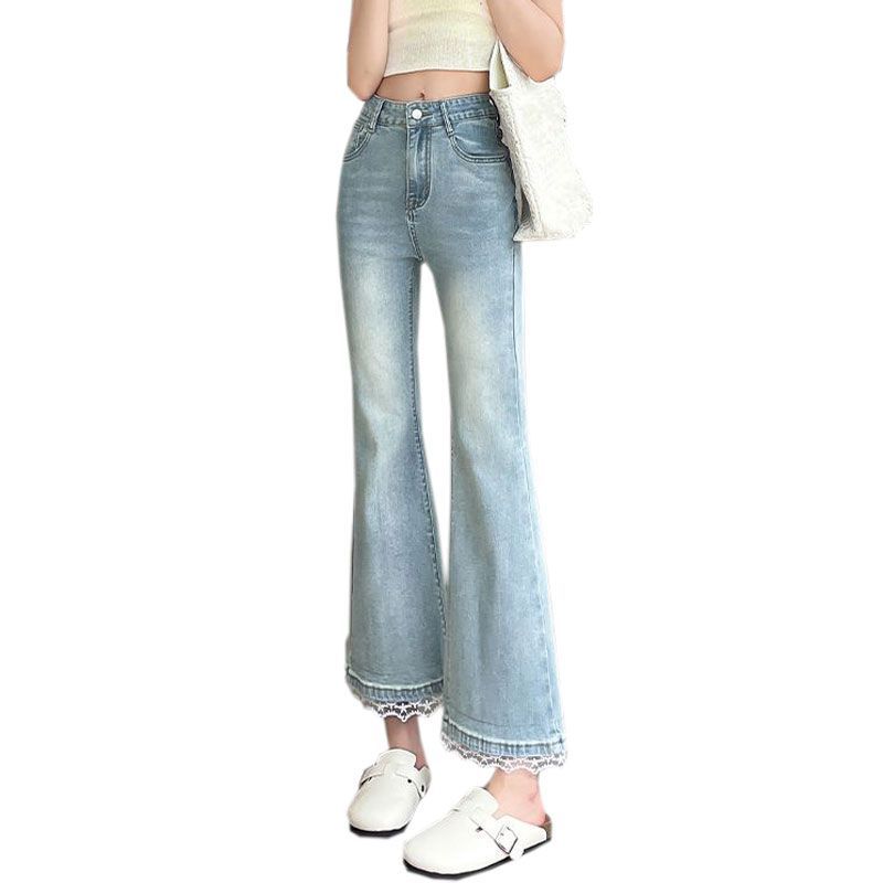 Light Blue Lace Nine Jeans Women Summer Big Yards Pear Shaped Body Thin Elastic Straight Flared Pants Retro Street Style Baggy Long Jeans for Ladies